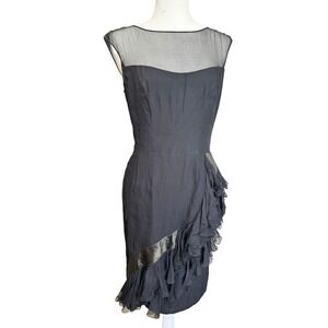 Vtg. 1950's Nechtear Black Cocktail Dress Sheer Illusion Neck Ruffle‎ Skirt S/M